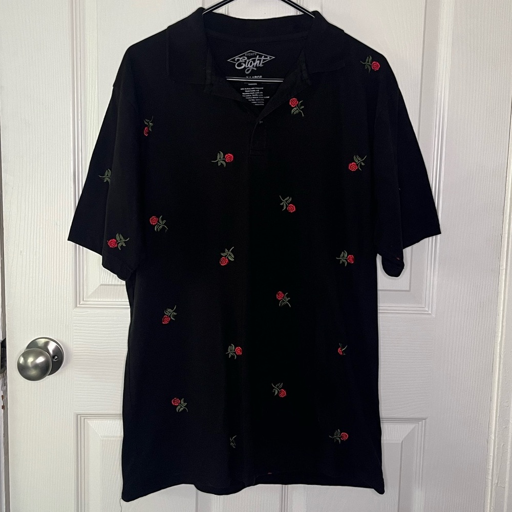 Black Men's Polo Shirt with Red Rose Embroidery